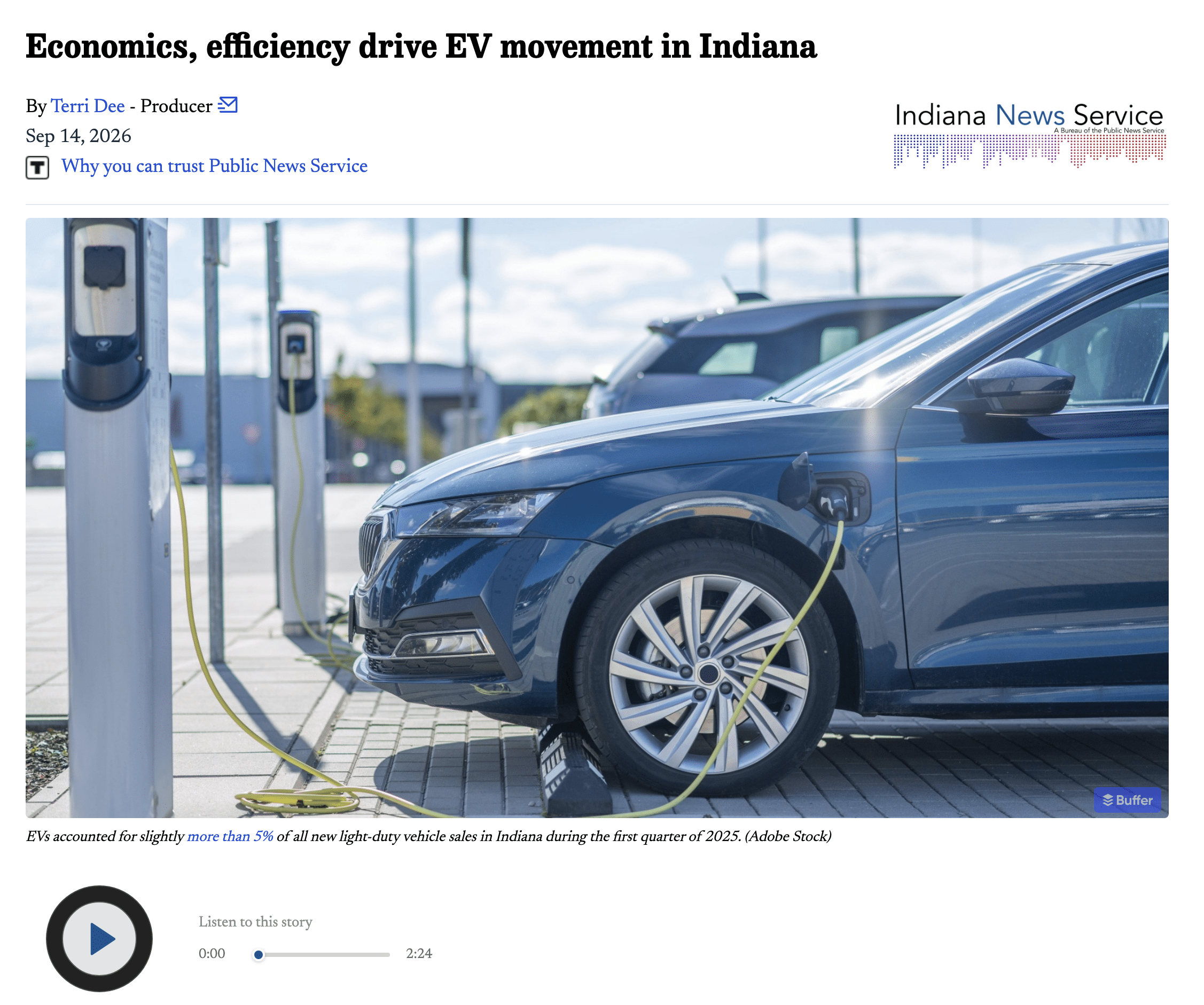 INS article re: tax relief for Indiana EV drivers.